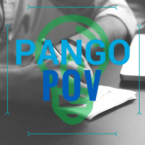 pango pov square banner with fadded image of hands writing on paper